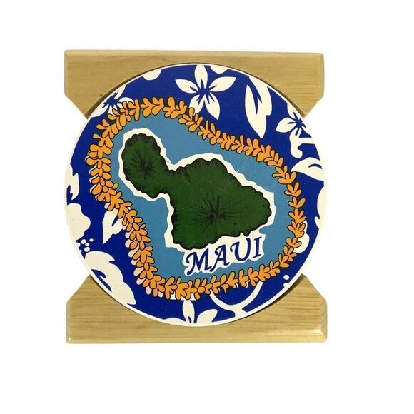 Maui Absorbent Ceramic Coasters Cork Backing Wood Holder Gift from Hawaii - Picture 4 of 9